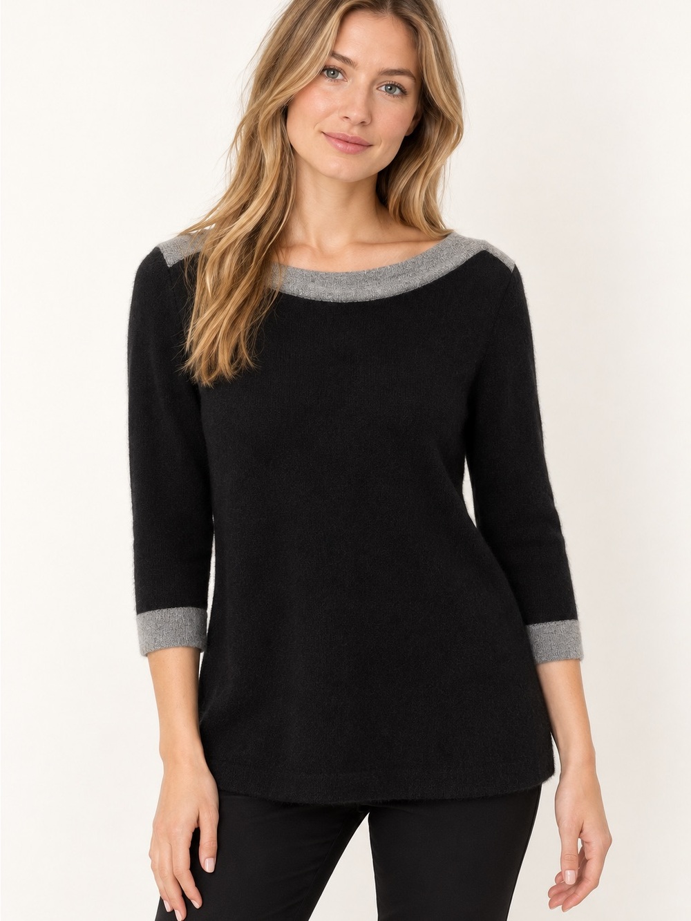 InCashmere 100% Cashmere Black Gray Trim Boat Neck Sweater Size S